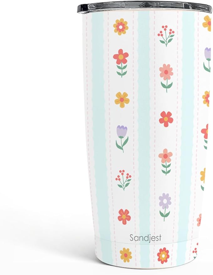 SANDJEST Floral Tumbler 20oz, Stainless Steel Travel Cup with Lid, Insulated Coffee Mug, Floral Gifts for Women Girls Friends Sisters on Birthday Christmas