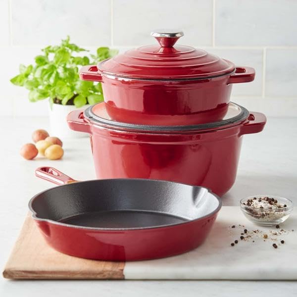 Sur La Table Enameled Cast Iron Cookware Set – Includes 5-Qt & 2.5-Qt Dutch Ovens with Lids and 10" Skillet, Oven to 500°F, Induction Compatible, Essential Starter Gift Set, Red
