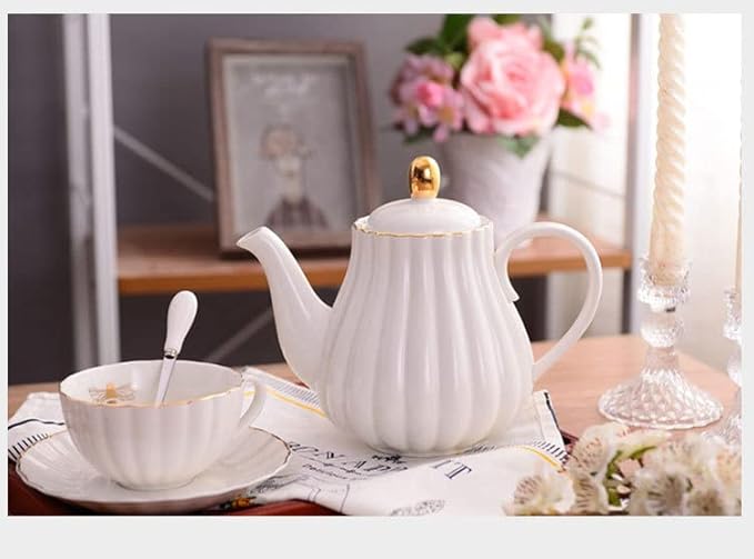 YBK Tech Strengthen Porcelain Teapot, 31oz Coffee Pot Ceramic Teapot- Stripe Design (White)