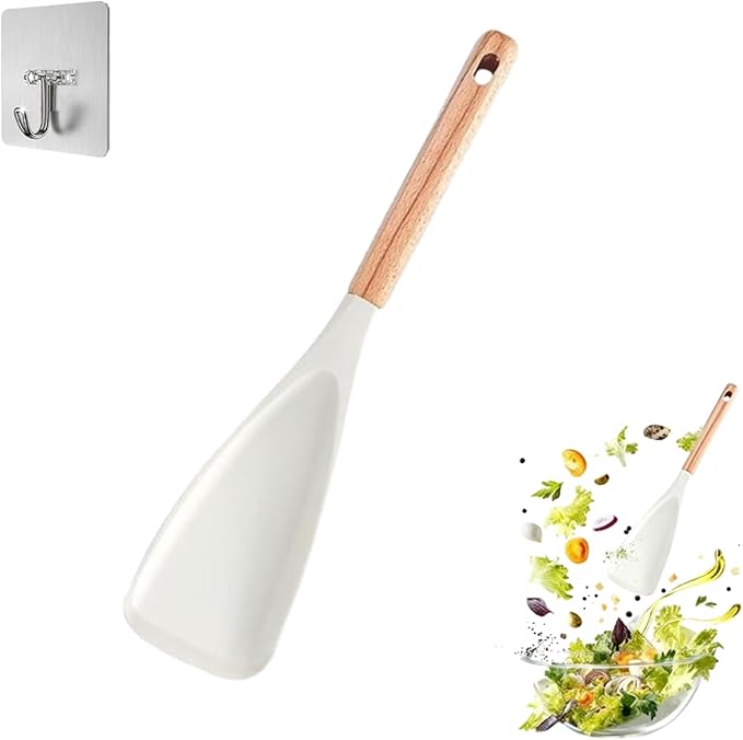 Cedar and Ash Spoon, Multifunction Spatula Cooking Spoon, Heat-Resistant Silicone, Wooden Handle, Safe for Nonstick Cookware, Ergonomic Grip, Ideal for Stirring, Mixing, Serving (1pcs White)