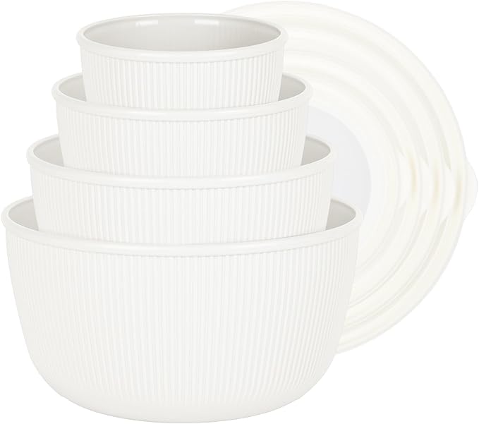 BoxedHome Mixing Bowls with Lids Set, 4 Packs BPA-Free Plastic Prep Bowls for Kitchen, Dishwasher & Microwave Safe, Large Capacity, Beige