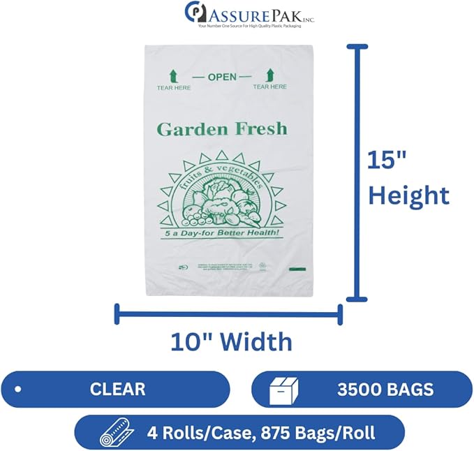 AssurePak Clear Produce Roll - 3500 Bags - 10"x15" – HDPE - 11 Microns - for Grocery, Food Storage, Reusable Produce, Small Business, Kitchen Use, Organization, Lightweight Packaging