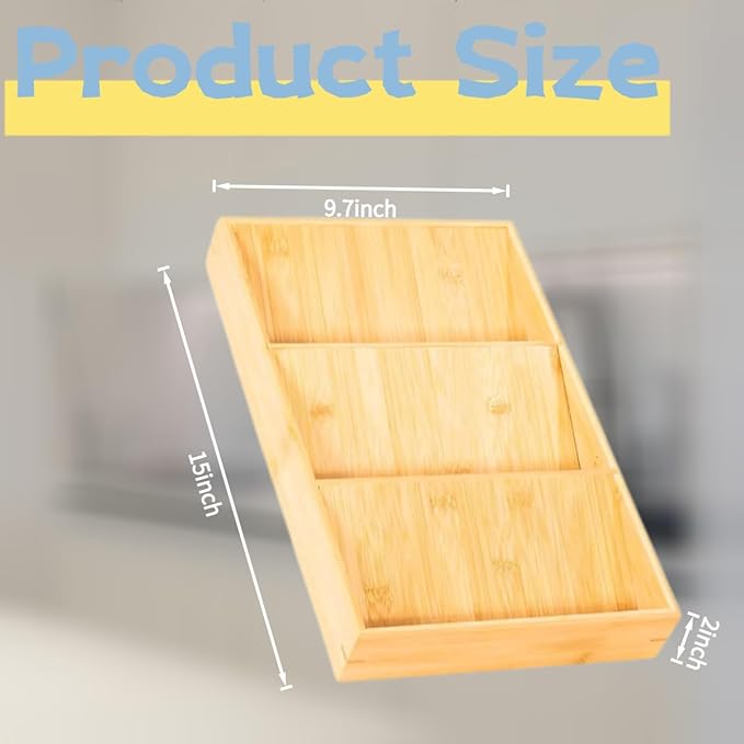 3-Tier Bamboo Spice Rack Organizer for Kitchen Drawer - Cabinet Storage Tray Fits Most Drawers (Pre-Measure Your Space) | 1-Pack, Natural Bamboo