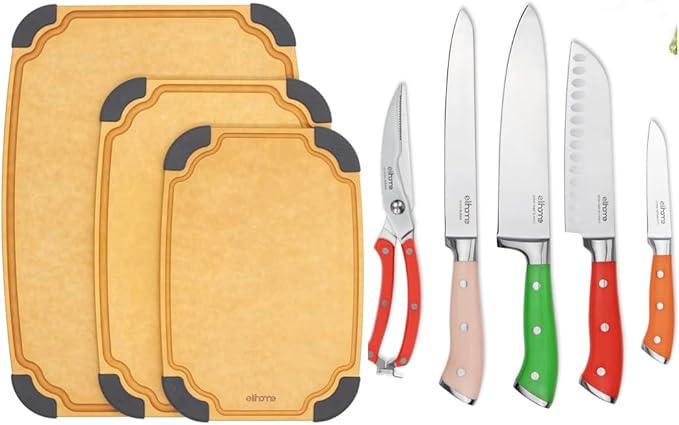 Elihome Essential 3-piece Dishwasher Safe Non Slip Juice groove Cutting Board Set and 5-piece Premium Stainless Steel Kitchen Knife Set