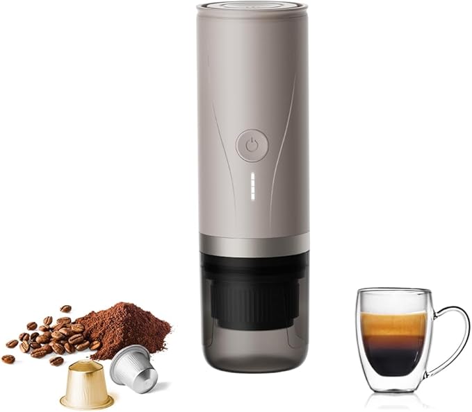 Portable Espresso Maker,Self-Heating Electric Mini Coffee Machine,Up to 20-Bar Pressure,Compatible with NS Capsules & Fine Grind,Coffee Maker for Outdoor Camping,Hiking,RV & Car, travel (Cream)