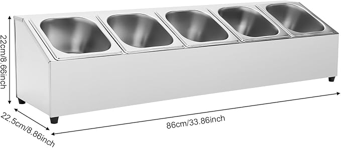 5 Pan Spice Rack Shelf, Stainless Steel Seasoning Organizer with 5 1.5L Food Containers and Lids, Pizza Topping Station Organizer Inclined for Restaurants, Hot Pot and Fruit Shops, 33.86x8.86x8.66in