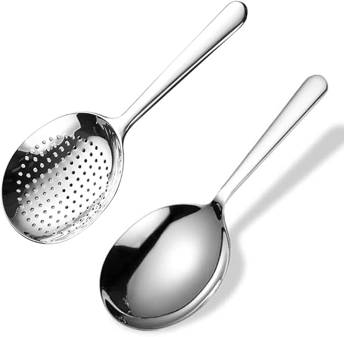 Skimmer & Ladle Set, Korean Style Serving Ladles, 1x Serving Ladle Spoon, 1 x Skimmer with hole, Stainler, 18/10 Stainless Steel, 7Inch Length, Silver, Korean Mukbang, Ramen