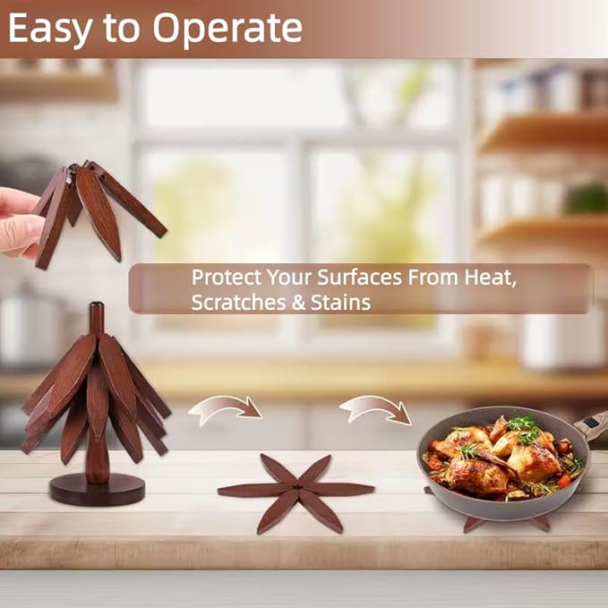 Christmas Tree Trivet Set of 5, Foldable Bamboo Hot Pad Holder for Hot Pots/Pans/Dishes, Walnut Brown Kitchen Serving Tray, Holiday Table Decor