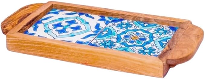 Kamsah Olive Wood Serving Tray with Handles (L:11”, W:5”) Decorative Rectangle Serving Trays for Serving Food, Drinks, Tea, Coffee -Rustic Vintage Wooden Serving Tray for Table & Gifts - Sidi Bou Said