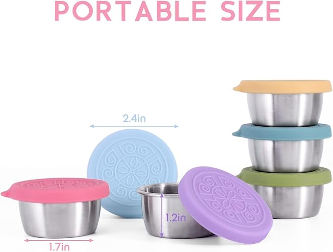 Salad Dressing Container To Go, 6x1.6oz Dressing Sauce Containers for Lunch Box, Stainless Steel Small Condiment Containers with Lids, Reusable Dip Sauce Cups with Lids, Leakproof Condiment Cups