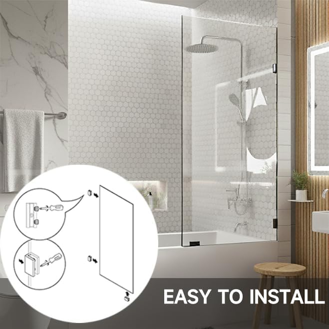 26 in. W * 52 in. H Frameless Shower Doors for Bathtub, 1/4" (6mm) Thick Tempered Glass, Bathroom Tub Glass Single Door