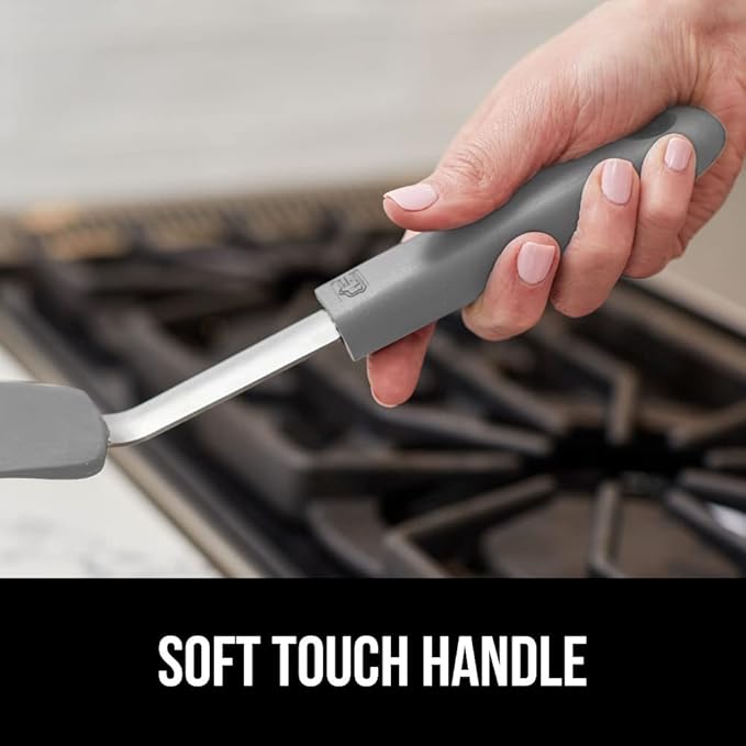 GORILLA GRIP Food Grade Flexible Silicone Spatula, 2 Pack, Heat Resistant Head for Nonstick Frying Pan, Patented Soft Rubber Handle for Comfort, Non-Scratch Kitchen Turner, Flip Eggs, 11.6 in, Gray