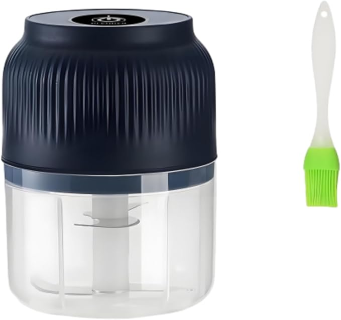 Electric Garlic Chopper, 300ml Mini Portable Veggie Cutter, Dicer with 4 Stainless Steel Blades, One-Touch Operation for Garlic, Onion, Nuts, Easy to Clean, Dishwasher Safe (Blue)