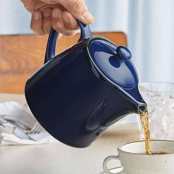 Keystone Stoneware Teapot, 32 oz, Azora Blue with Brown Speckles, Microwave and Dishwasher Safe, with Lid