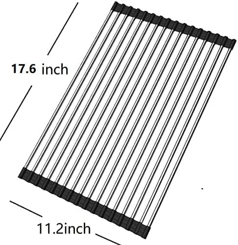 Roll up Dish Drying Rack Over The Sink Portable Stainless Still Rolling Rack Folding Mat for Kitchen Counter (Black, 17.7''LX11.2''W)