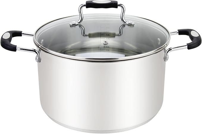 Stock Pot, 8.4 Quart Stainless Steel, Large StockPot With Clear Glass Lid, Steam Hole, Permanent Measurement Markings, Gas, Electric and Induction Compatible Boiling Pot