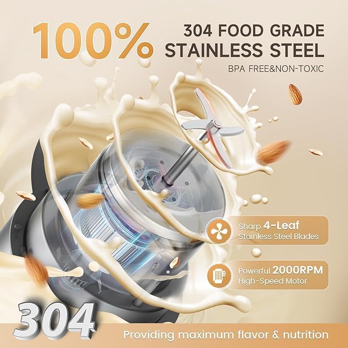 304 Stainless Steel Almond Milk Maker Machine (Built-in Filter) 50oz 6-7 Cups Per Batch, 8-IN-1 Cooking Blender Make Plant Based Nut Milk, Soy Oat Milk, Soup & Juice, Automatic Cleaning (Silvery)