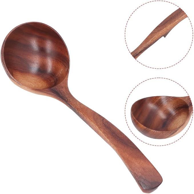 Teak Wooden Ladle - Long Heat-Resistant Handle, Deep Serving Spoon for Soup/Stews/Porridge, Sustainable Handcrafted, Smooth Finish (9.45×2.75in)