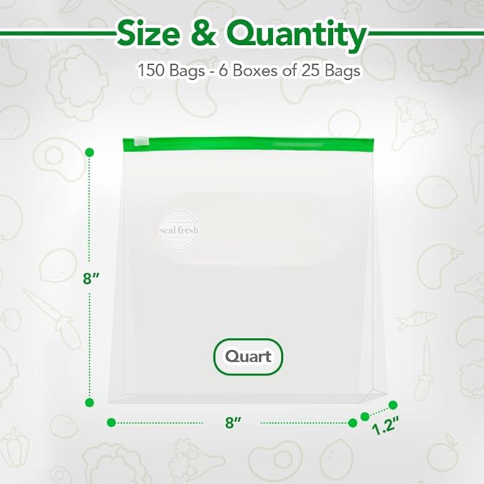 Quart Slider Storage Bags 150 Pack — Reusable Freezer Bags with Expandable Bottom, BPA Free, Microwave Safe, Clear Quart Food Storage Bags