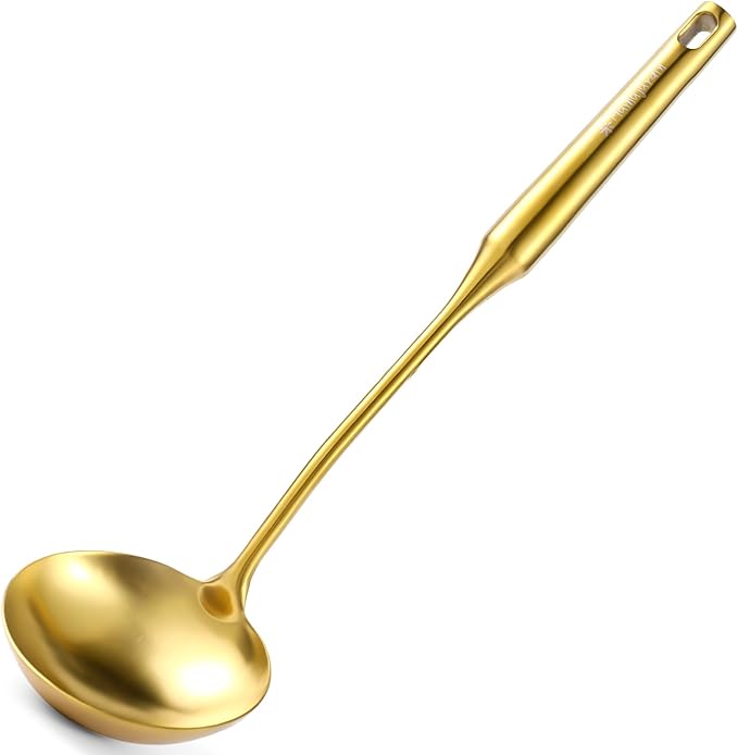 Gold Soup Ladle and Spaghetti Spoon Set - 18/10 Stainless Steel Soup Spoon，Pasta Strainer, [Heat Resistance，Integral Forming] Kitchen Utensils for Cooking，Stirring, Serving Pasta, Soup & Sauce，13.8"