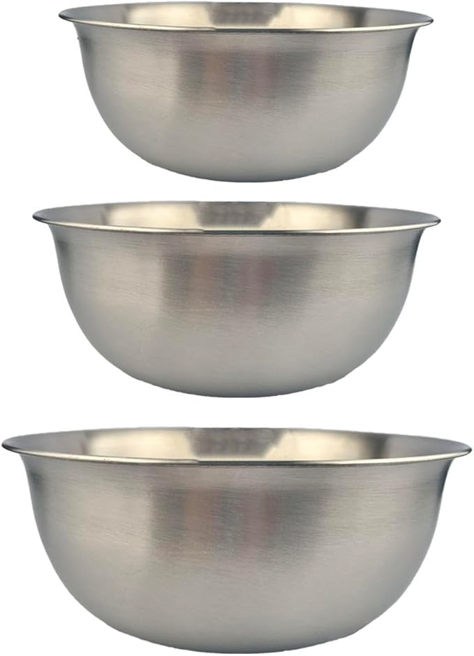 Stainless Steel Mixing Bowl Thickened 3-Piece Set, Nested Flat Bottom 1.3QT (1200ml)/1.9QT (1800ml)/2.6QT (2500ml) Kitchen Food Storage Organizer for Baking, Salad Prep, Vegetable Washing (Silver)