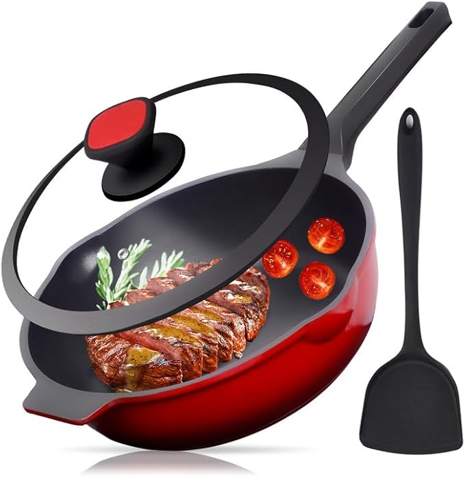Nonstick Deep Frying Pan Skillet with Lid, 12 inch/ 5 QT Saute Pan with Silicone Spatula, Sauce Pan Cookware Cooking Chef Pan, Induction Compatible, Cast Aluminum Ruby Red