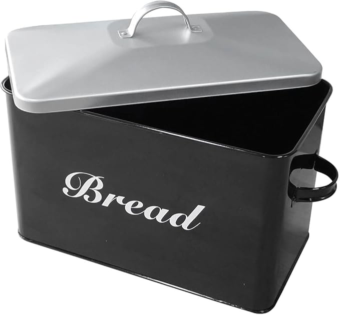 SOTECH Vintage Metal Bread Box Farmhouse Decor Style Pantry Organization and Storage Container,Space Saving Black with Silver Breadbox-Rustic Kitchen Decor