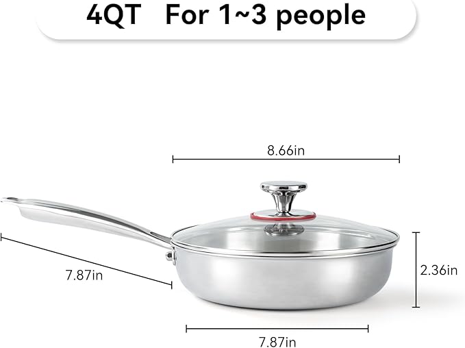 Professional Grade 316L Stainless Steel Frying Pan | 8 Inch Skillet with Glass Lid | Healthy PFOA/PFOA-Free & Dishwasher Safe | Induction & Gas Stove Compatible, Oven Safe to 500°F