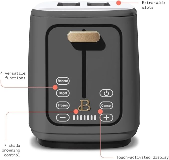 Beautiful by Drew Barrymore 2-Slice Toaster, Touch-Activated Display, 7 Shade Settings, Bagel/Frozen/Reheat Presets. (Oyster Gray)