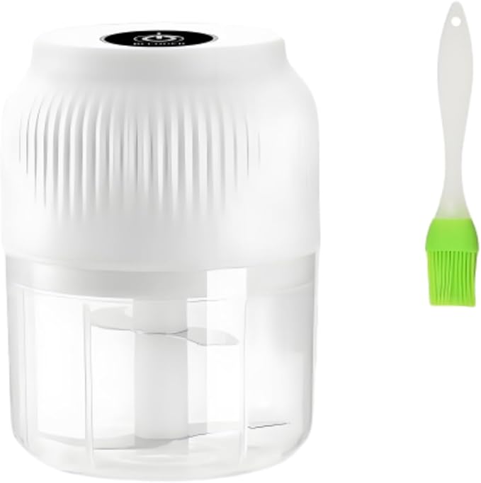 Electric Garlic Chopper, 300ml Mini Portable Veggie Cutter, Dicer with 4 Stainless Steel Blades, One-Touch Operation for Garlic, Onion, Nuts, Easy to Clean, Dishwasher Safe (White)