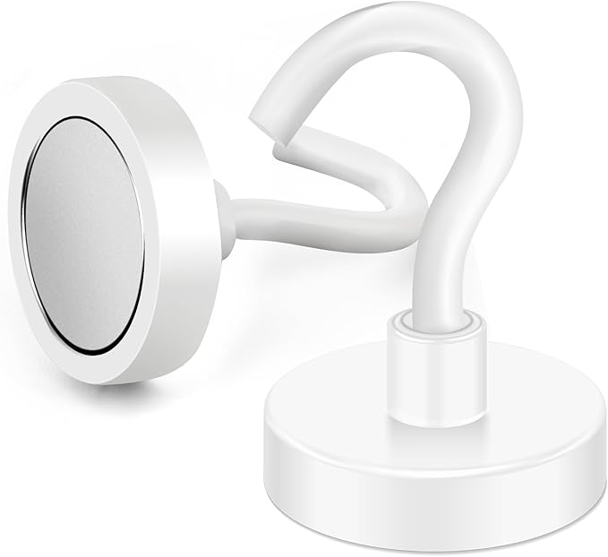 MIKEDE Magnetic Hooks, 50LB+ Heavy Duty Magnet Hooks for Cruise Cabins, Super Neodymium Hanging Hooks White Strong Magnets with Hook for Fridge, Magnetic Hanger for Grill, Toolbox - Pack of 4