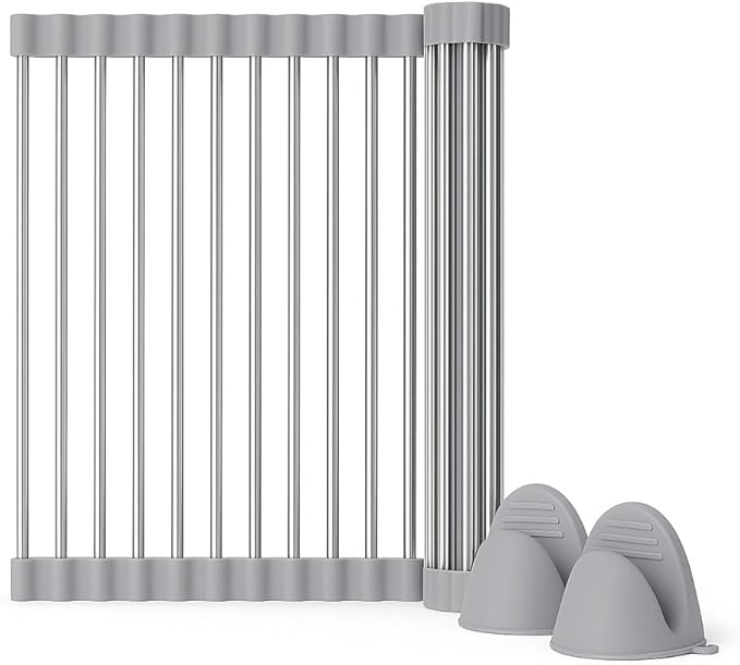 Roll Up Dish Drying Rack – Stainless Steel & Silicone Over Sink Mat, Foldable Kitchen Counter Organizer – Includes Mini Silicone Oven Mitts (Gray)