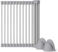 Roll Up Dish Drying Rack – Stainless Steel & Silicone Over Sink Mat, Foldable Kitchen Counter Organizer – Includes Mini Silicone Oven Mitts (Gray)
