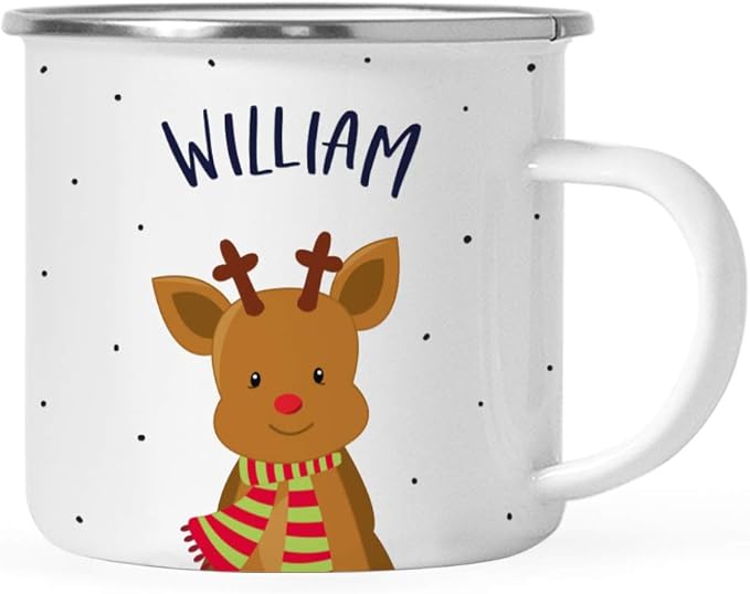 Andaz Press Personalized 11Oz. Kids Christmas Hot Chocolate Stainless Steel Campfire Coffee Mug, Adorable Rudolph Reindeer Red Green Scarf, 1-Pack Custom Birthday Xmas Cup Christmas Mugs Hot Cocoa Mug