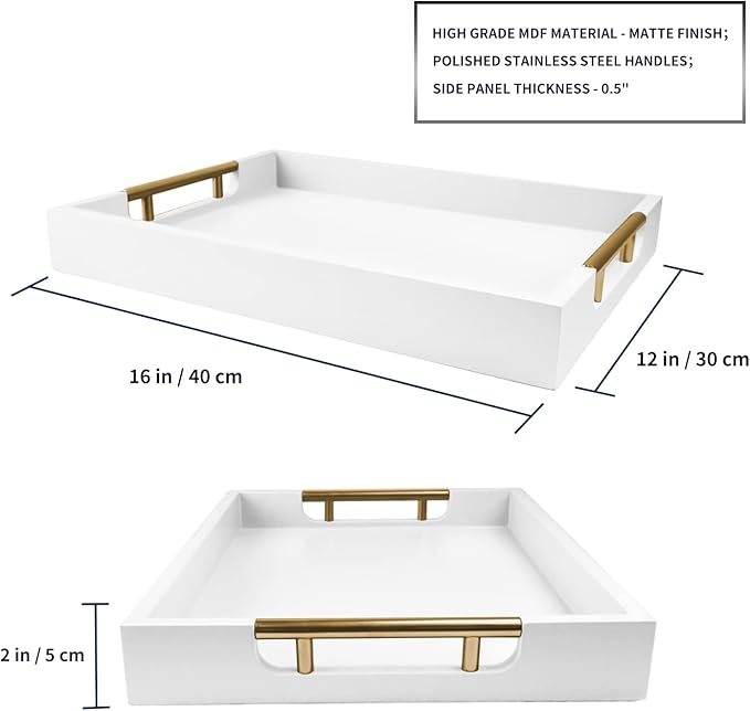 Wooden Decorative Coffee Table Tray, 16" Matte Finish Serving Tray with Handles for Ottoman, Living Room, Perfume, Vanity Dresser Organizer (Ivory White)