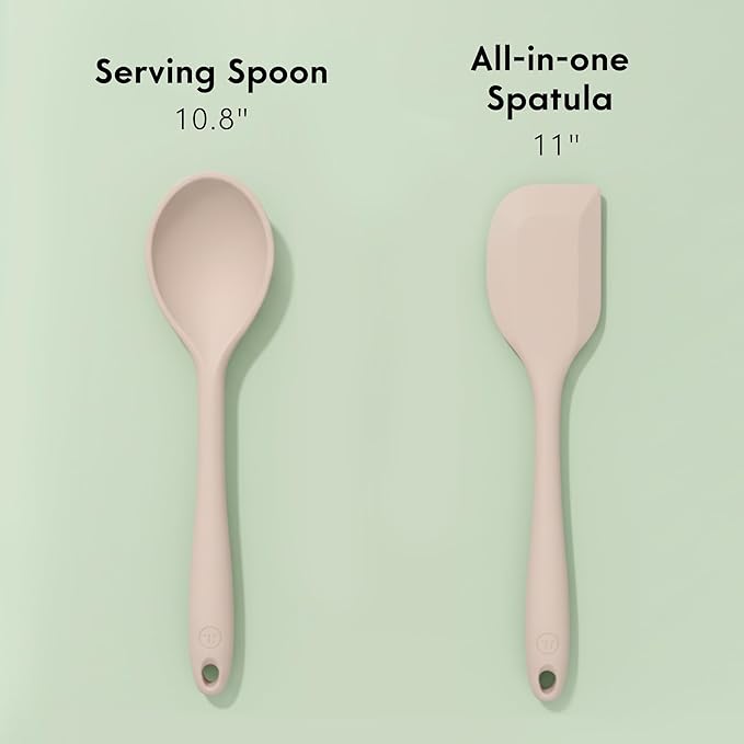 Non-Toxic Platinum Silicone Kitchen Utensil Set of 2 – Non-Scratch Cooking Spoon & Spatula, 100% Plastic Free, Stainless Steel Core, Heat Resistant 500°F, Beige