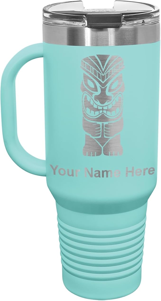 LaserGram 40oz Vacuum Insulated Travel Mug with Handle, Tiki Statue, Personalized Engraving Included (Teal)