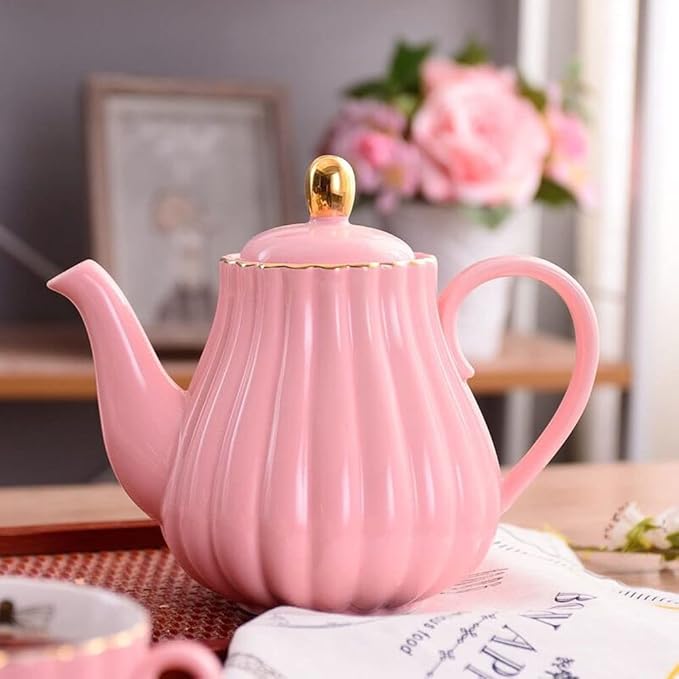 YBK Tech Strengthen Porcelain Teapot, 31oz Coffee Pot Ceramic Teapot- Stripe Design (Pink)