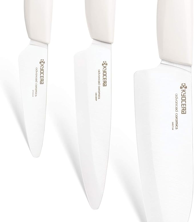 Kyocera 3Piece Advanced ceramic Revolution Series Knife Set, White, Blade Sizes: 5.5", 4.5", 3"