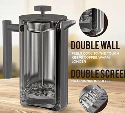 Stainless Steel French Press Coffee Maker Large 1.5 L(51 oz) Gray – Durable Double Walled Insulated Coffee Press Keeps Drinks Hot, Easy to Use and Clean Stylish Design for Rich Flavor