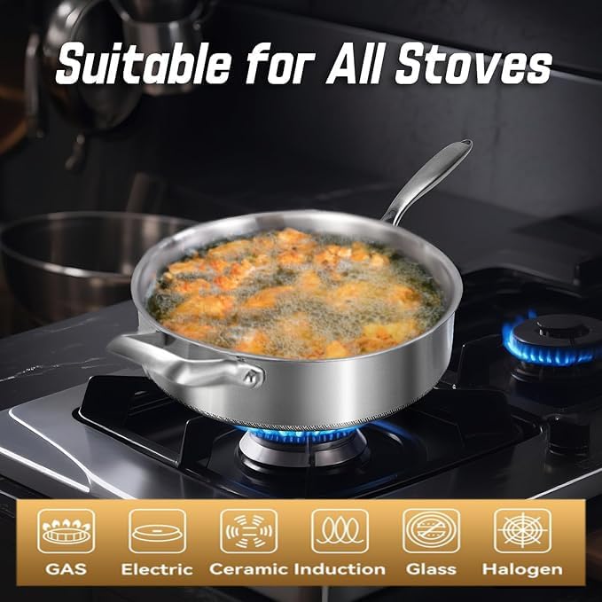 Tri-Ply Stainless Steel 8 Quarts Sauté Pan with Lid,13 Inch Induction Deep Frying Pan,Large Skillet, Dishwasher And Oven Safe,Detachable Handle