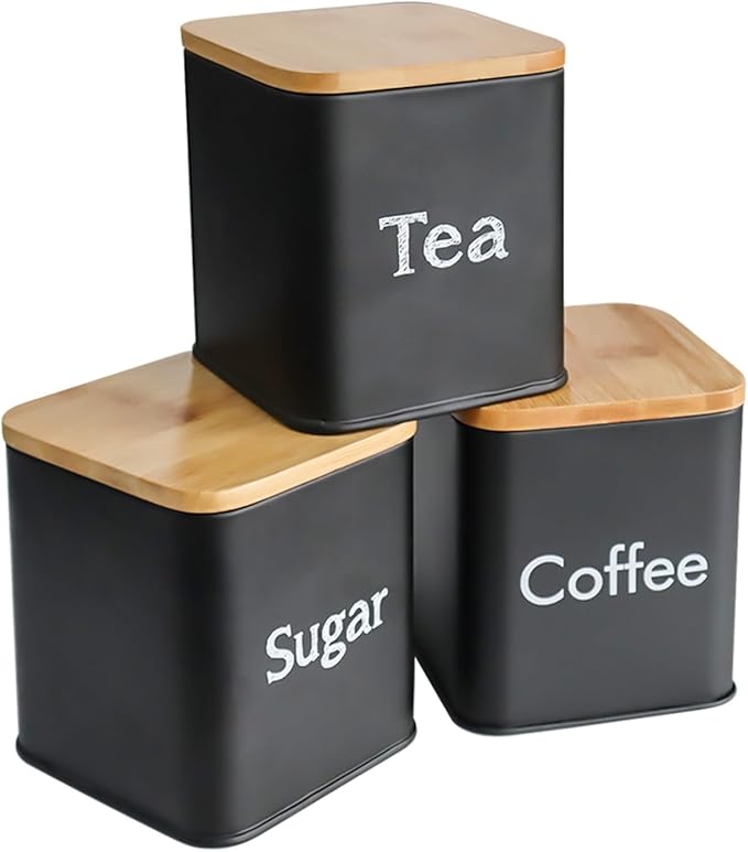 SOTECH Bread Box with 3pcs Jars Coffee Sugar Tea for Kitchen Countertop White Metal Bread Box with Bamboo Board Cover Pastry Storage Container Set Kitchen decor (Black Box and Jars)