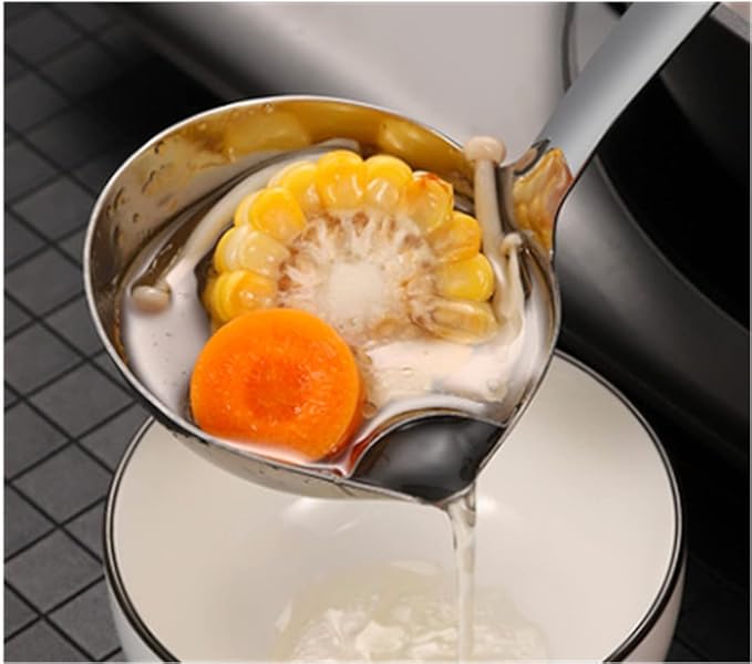 Advanced Stainless Steel Soup ladle, Long Plastic Handle Soup Residue Separator, Kitchen Colander Filtering Grease Large Spoon