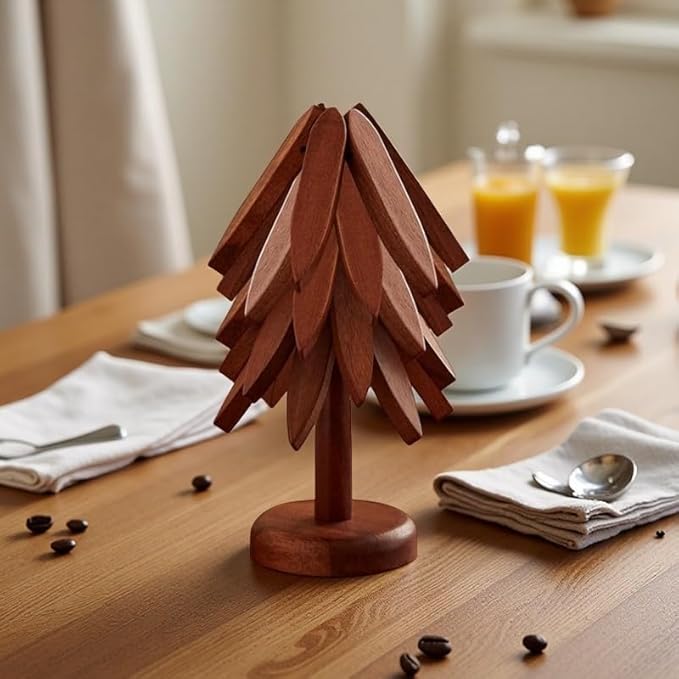 Foldable Walnut Wood Trivet Set for Hot Dishes,Tree Shape Coasters for Hot Pots And Pans, Natural Kitchen Decor With 4 Folding Pads and 1 Stand, Easy Storage