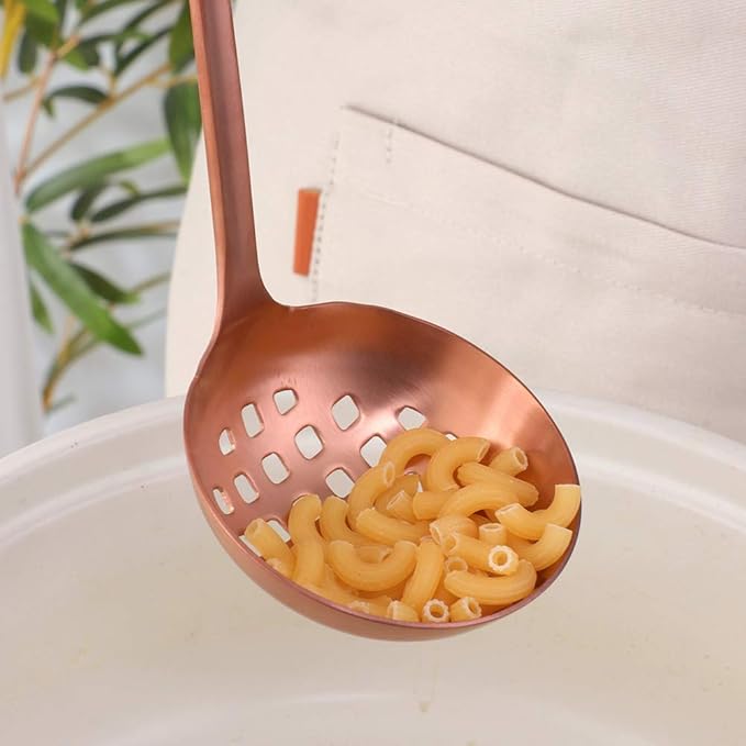 Buyer Star 2 Pcs Soup Ladle Colander, Rose Gold Cookware Serving Long Handle Steel Slotted Spoon Cooking Utensil Set for Hotpot