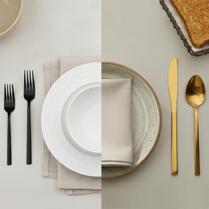 Alata Cube Mixed Black & Gold 40-Piece Forged Silverware Set Stainless Steel Flatware Set,Service for 8,Matte Satin Polished Cutlery Set,Dishwasher Safe