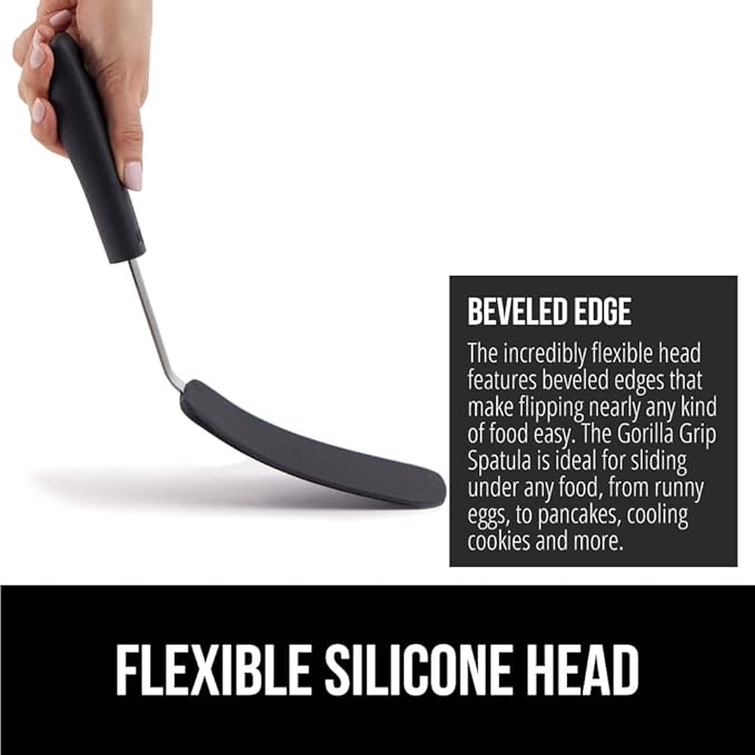 GORILLA GRIP Food Grade Flexible Silicone Spatula, 2 Pack, Heat Resistant Head for Nonstick Frying Pan, Patented Soft Rubber Handle for Comfort, Non-Scratch Kitchen Turner, Flip Eggs, 11.6 in, Black