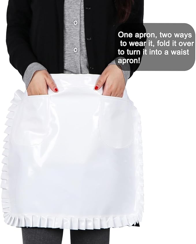 Glossy Cute Ruffled Apron, Lace-Up Model with Two Pockets, Vinyl Apron for Artists and Barbers, Waterproof
