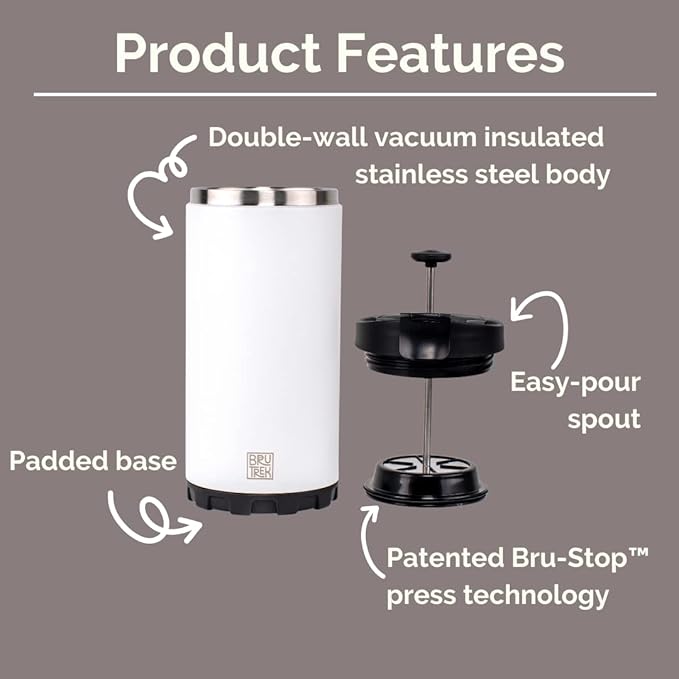 BruTrek Steel Toe 3.0 Travel Coffee Press - Brew 20 fl.oz On The Go - No Spill Lid, Double Wall Vacuum Insulated Stays Hot for Hours, French Press Coffee (Obsidian Black)