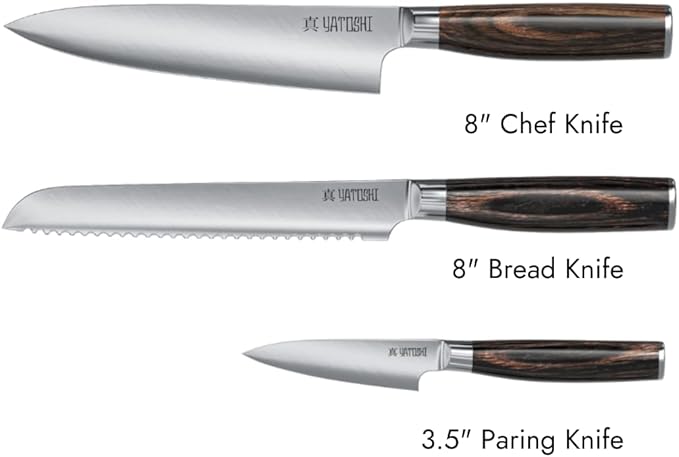 Yatoshi Kitchen Knife Set - 3 Piece, Ultra Sharp High Carbon Stainless Steel, Full Tang